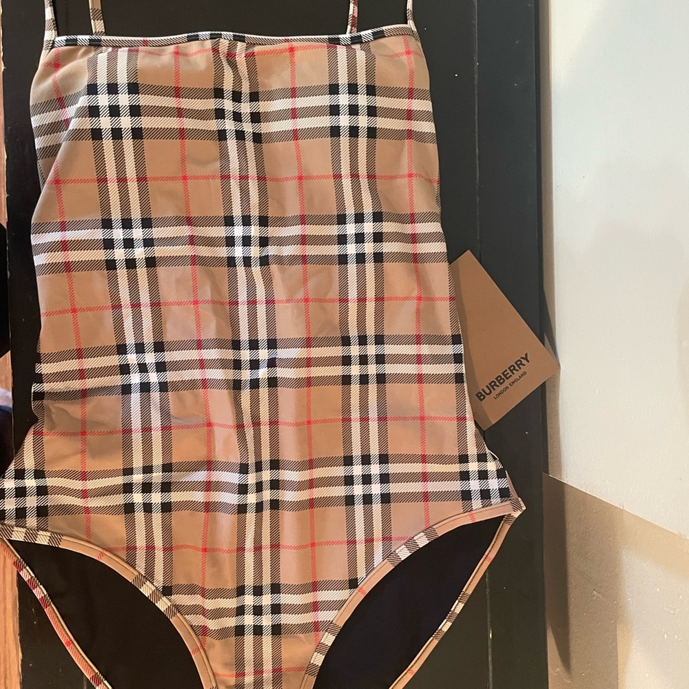 Burberry Beige and Black Checkered Swimsuit